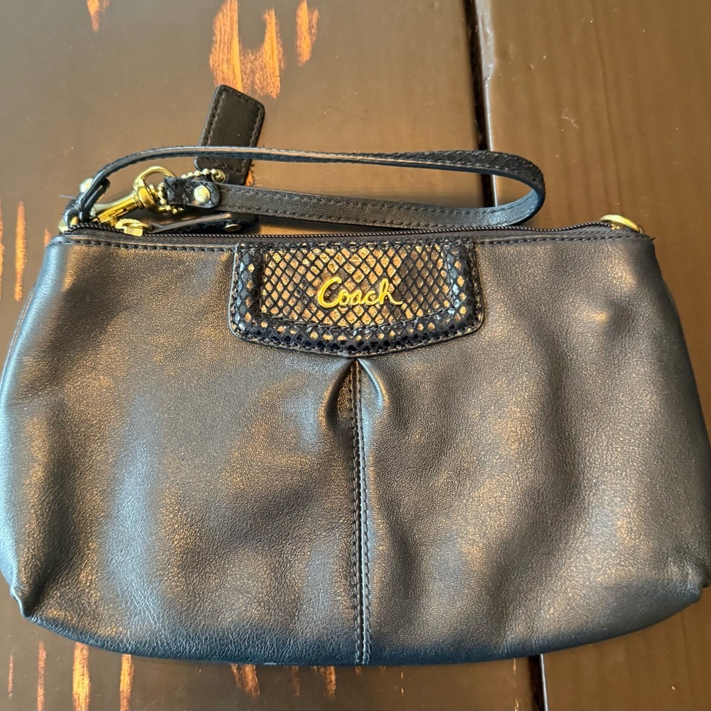Coach Black Leather Wristlet with Gold Accents